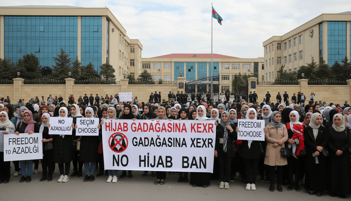 Protesters in Azerbaijan holding banners against the headscarf ban in schools, highlighting cultural tensions.