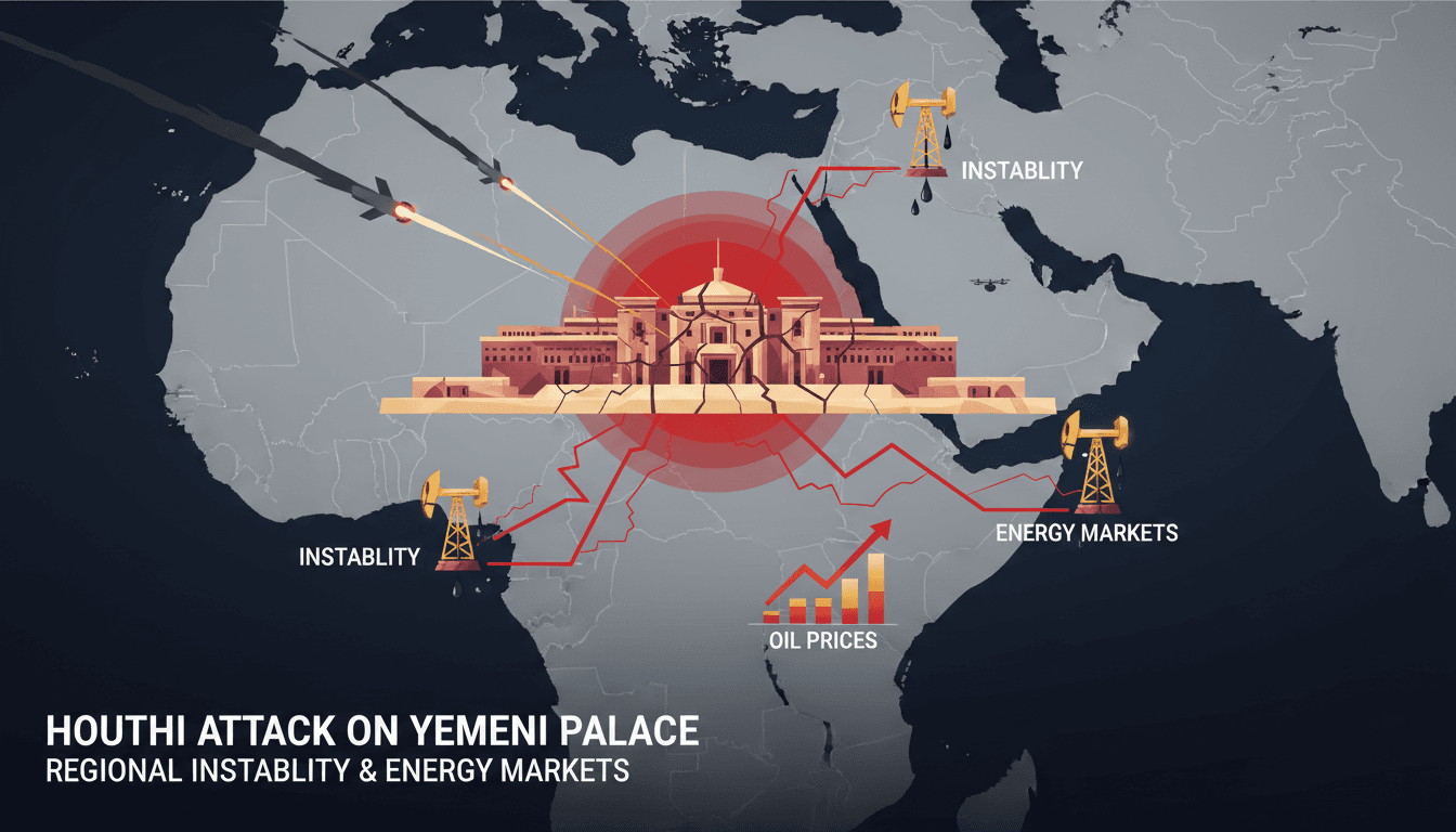 A dramatic depiction of the missile strike on the Maashiq Presidential Palace in Aden, highlighting the ongoing conflict in Yemen.
