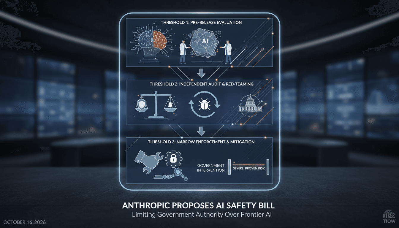 Infographic showing Anthropic's proposed AI safety bill thresholds and implications for the tech industry.
