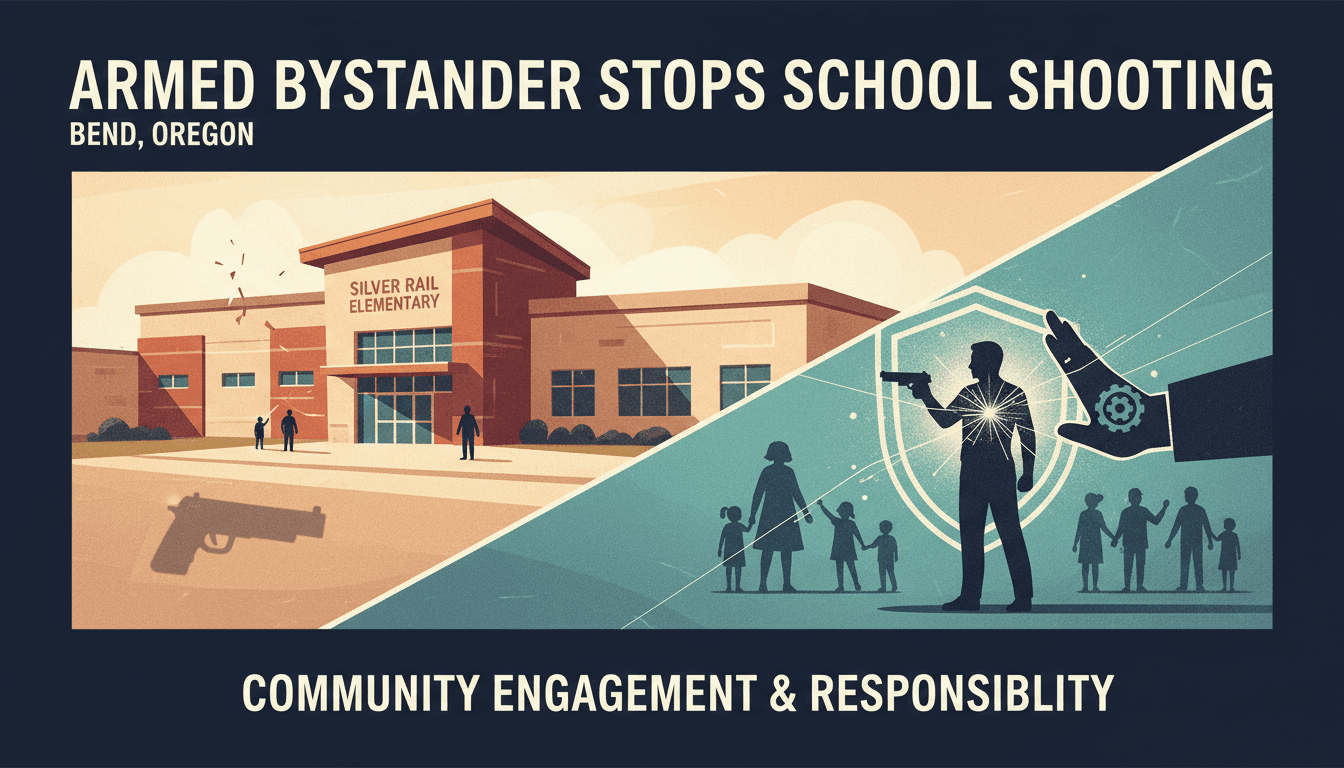 A graphic depicting armed intervention in public safety, highlighting community engagement and responsibility.