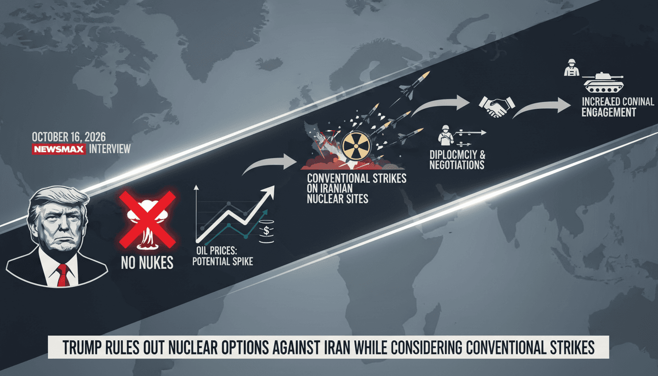 President Trump discussing military policy regarding Iran, focusing on nuclear weapons and energy market implications.