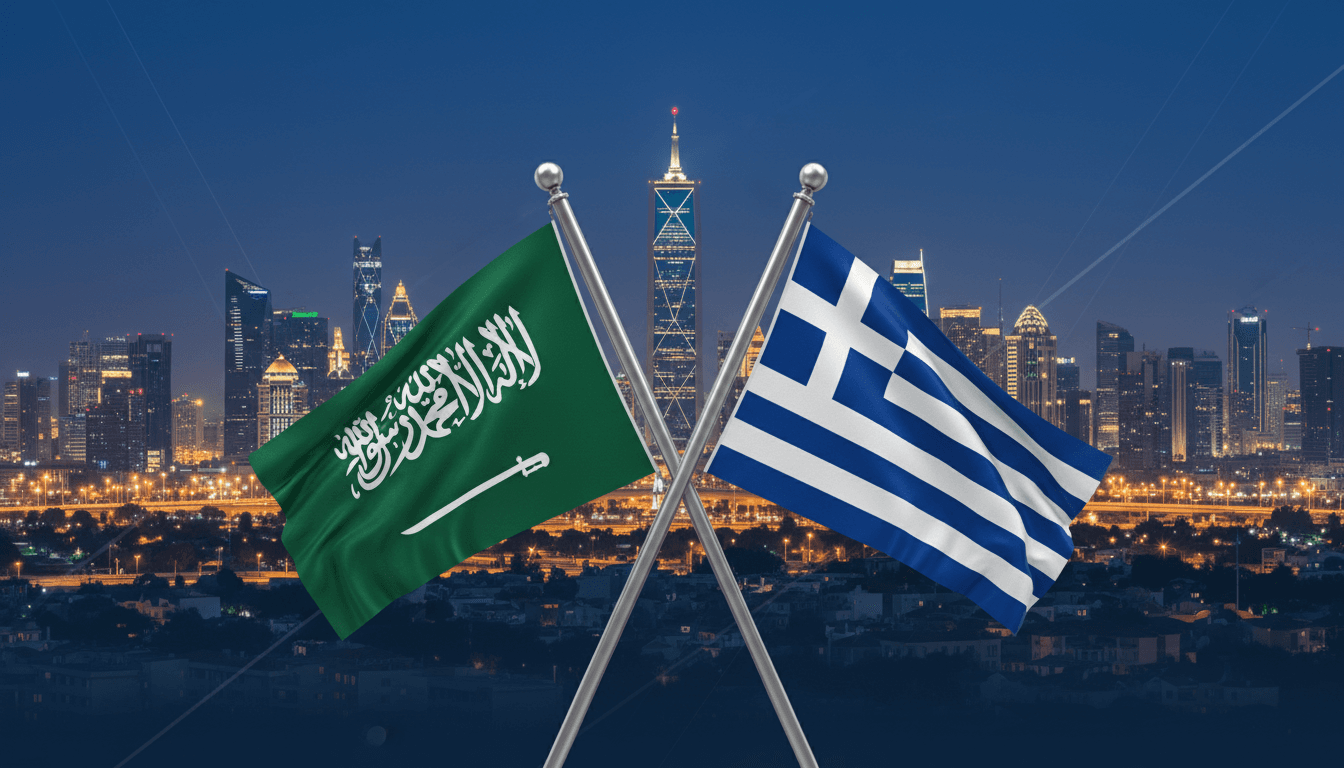 Saudi and Greek flags with Riyadh skyline, highlighting defense partnership discussions.