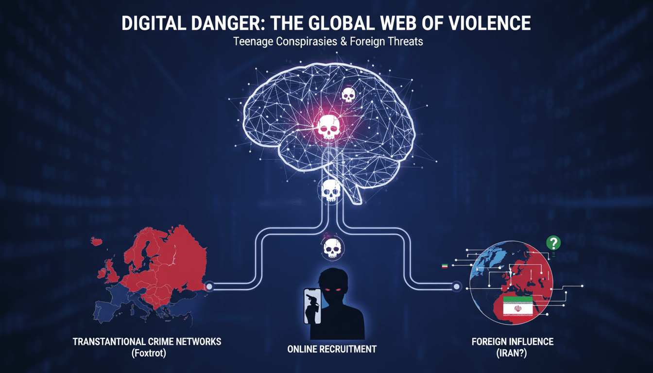 Infographic showing the rise of online recruitment for violent crime and its implications for global security.