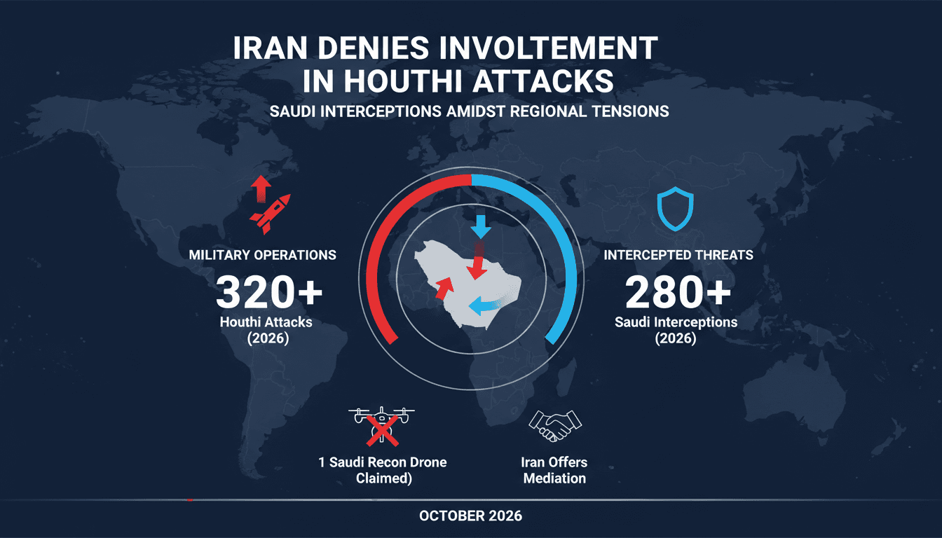 A graphic illustrating Iran's denial of involvement in Houthi attacks on Saudi Arabia amidst military tensions.