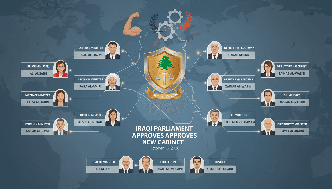 Infographic showing new Iraqi cabinet members and their roles, highlighting the cabinet formation process.