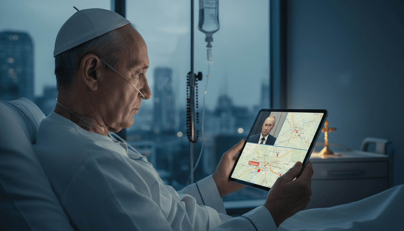 Pope Leo XIV in hospital making a call to Putin, advocating for a ceasefire in Oleshky amidst a humanitarian crisis.