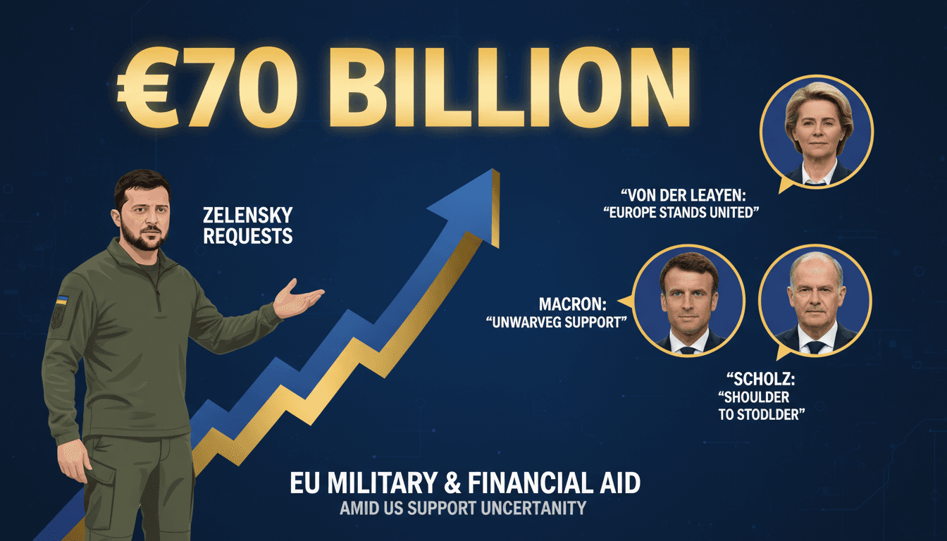 Infographic illustrating Zelensky's €70 billion funding request from the EU amid changing US-Ukraine relations.