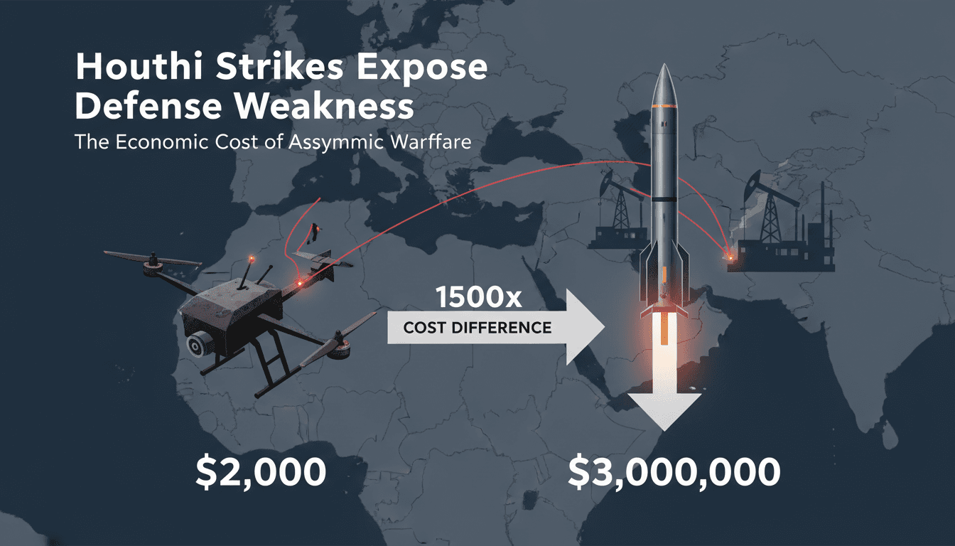 A visual comparison of Houthi drone costs versus Saudi interceptor missile costs, illustrating the economic dynamics of the conflict.