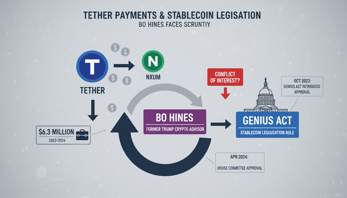 Infographic showing financial connections between Bo Hines, Nxum, and Tether during stablecoin legislation.
