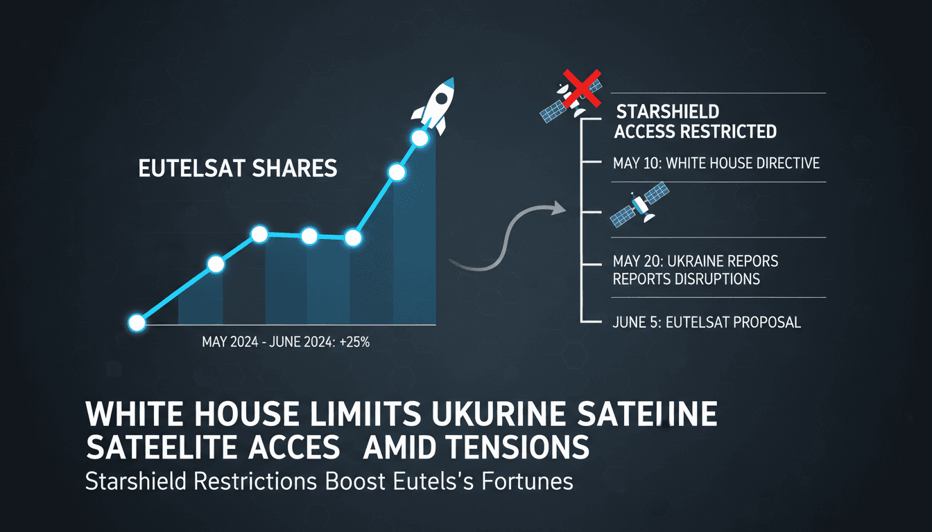 A graphic showing the rise in Eutelsat shares and the timeline of Starshield access restrictions.