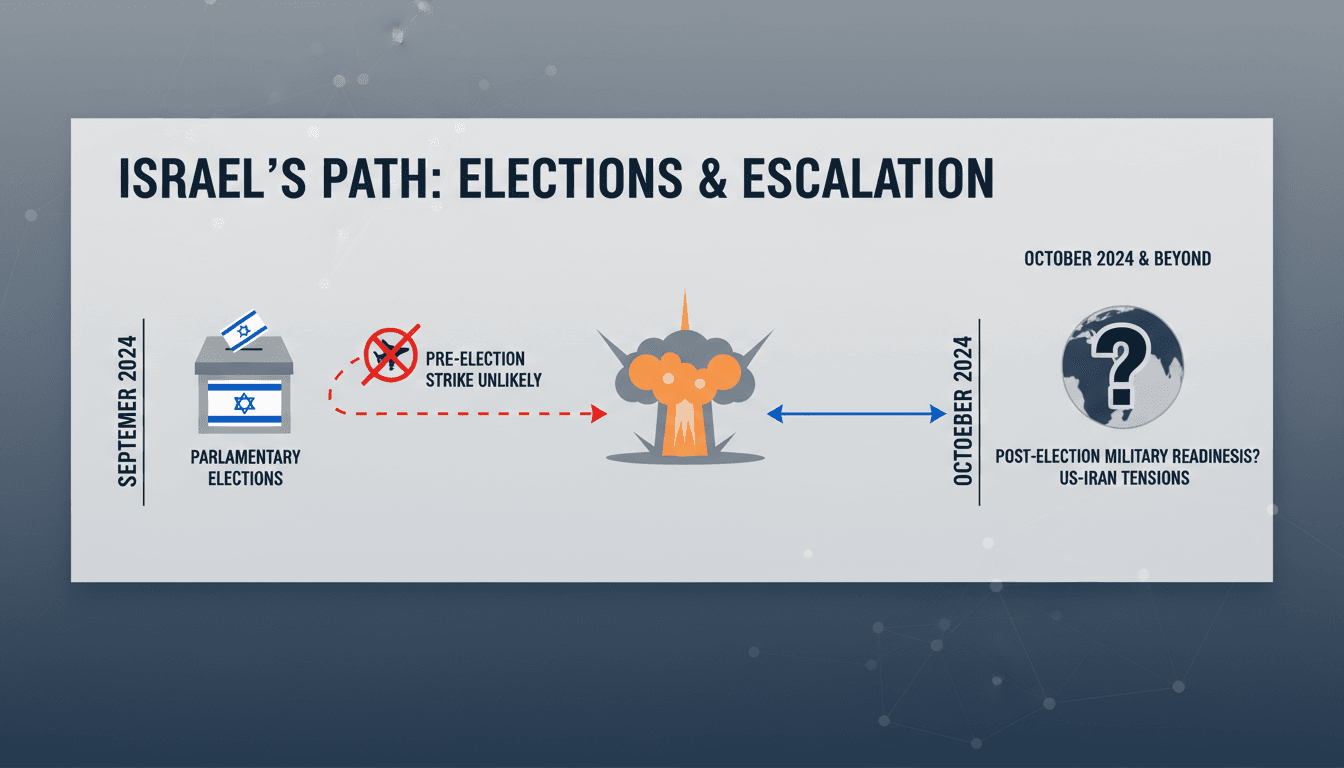 A map highlighting Israel and Iran with military readiness indicators and election timelines.
