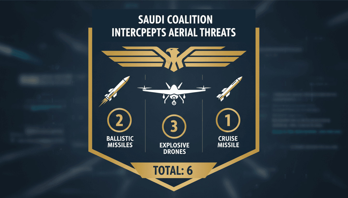 Infographic detailing the interception of six aerial threats by the Saudi-led Coalition, including drones and missiles.