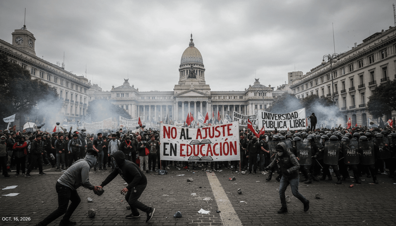 Protesters clashing with police in Buenos Aires over university funding cuts, highlighting the unrest in Argentina.