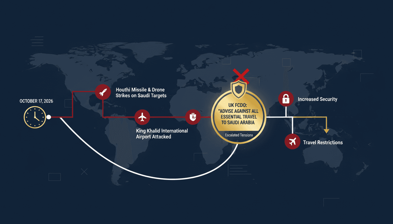 Infographic detailing the timeline of Houthi attacks and UK travel advisories for Saudi Arabia.