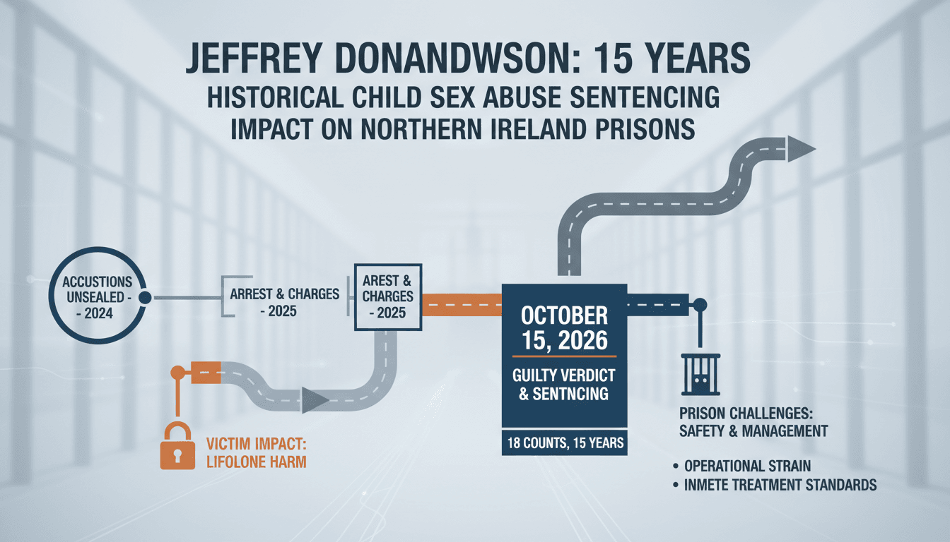 Infographic detailing Jeffrey Donaldson's sentencing timeline and its implications for prison management.