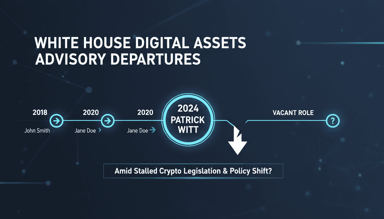 A visual timeline of crypto advisory departures in the Trump administration, highlighting Patrick Witt's exit.