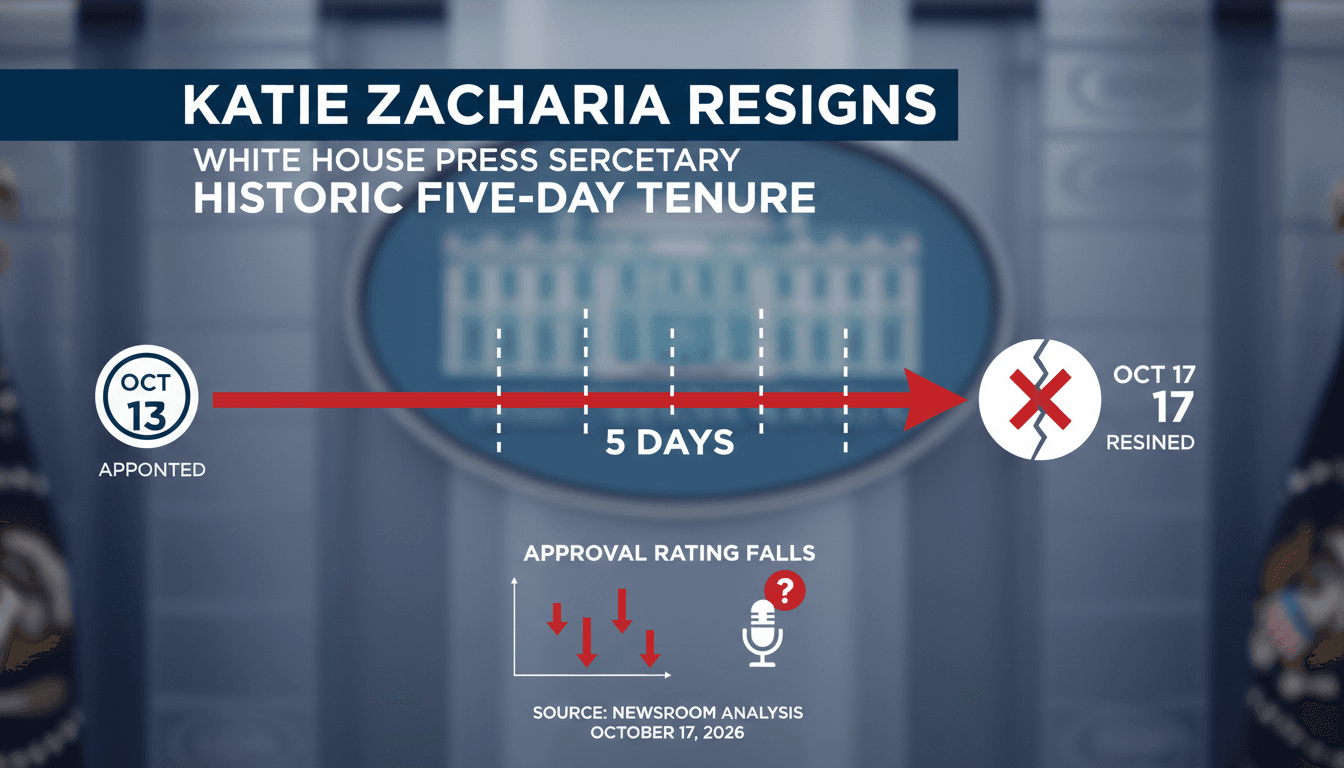A graphic showing Katie Zacharia's brief tenure as White House Press Secretary, emphasizing her five-day record.