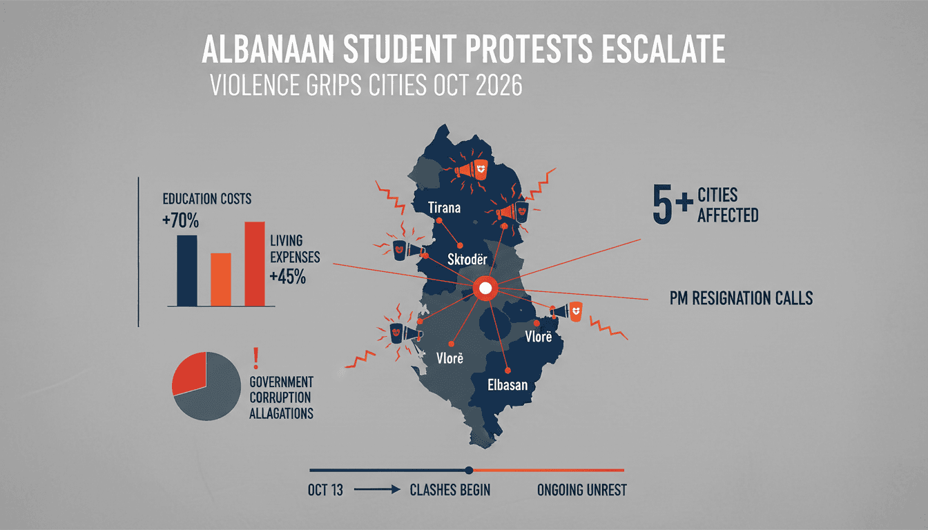 A visual representation of the Albanian protests, showing students clashing with police in various cities.