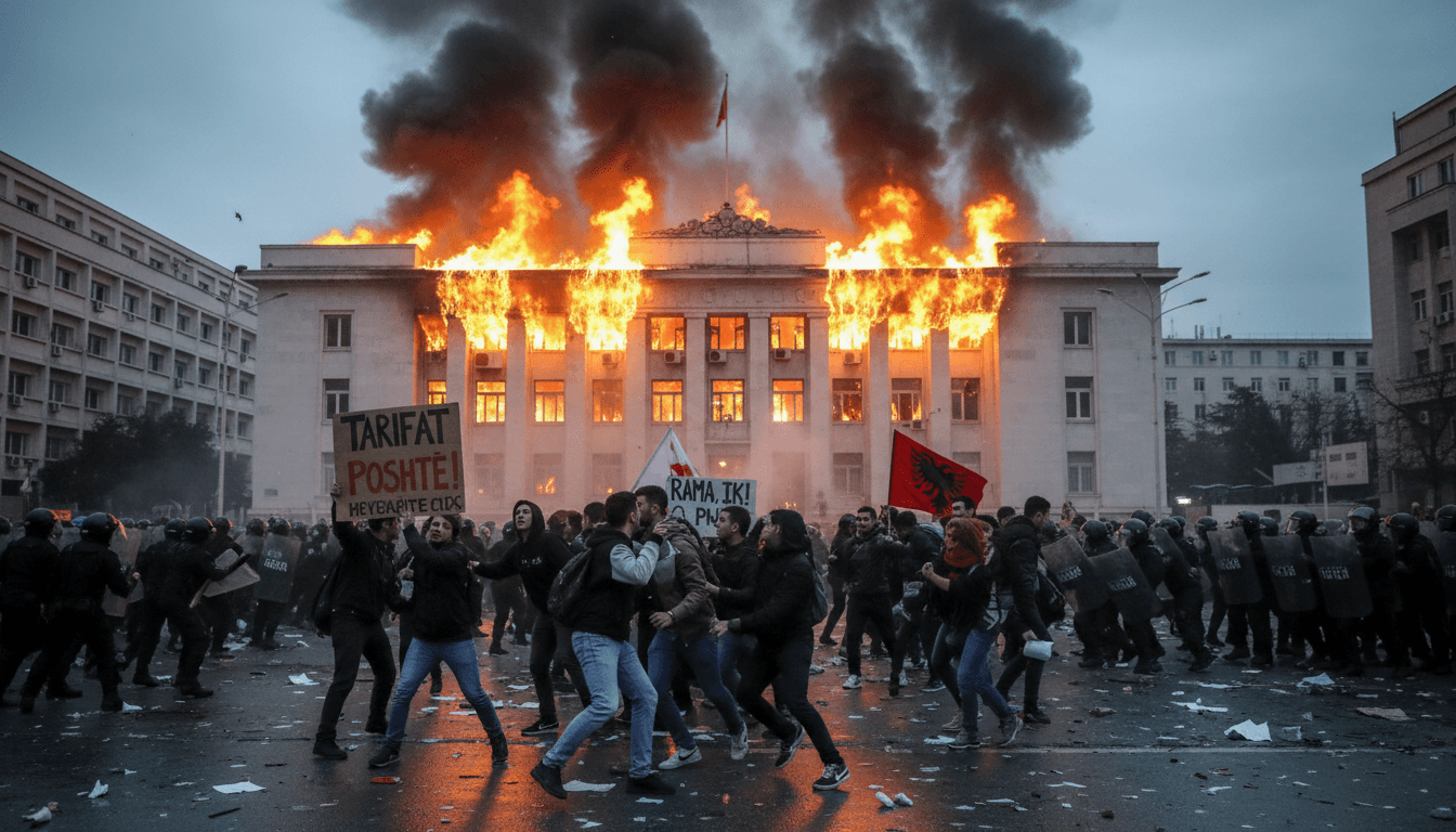 Students protesting in Tirana, Albania, with flames from the Education Ministry in the background, highlighting urgent demands for reform.