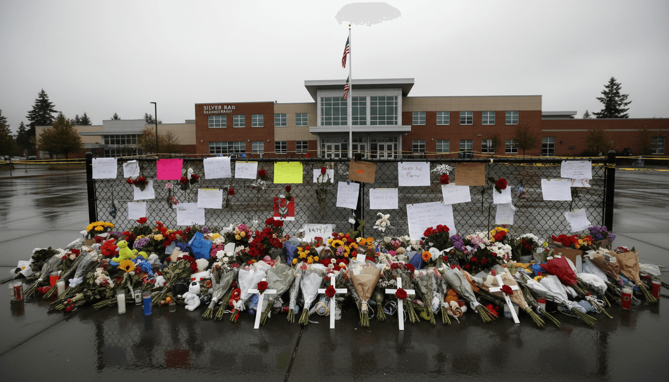 A memorial scene at Silver Rail Elementary School in Bend, Oregon, following the tragic shooting incident.