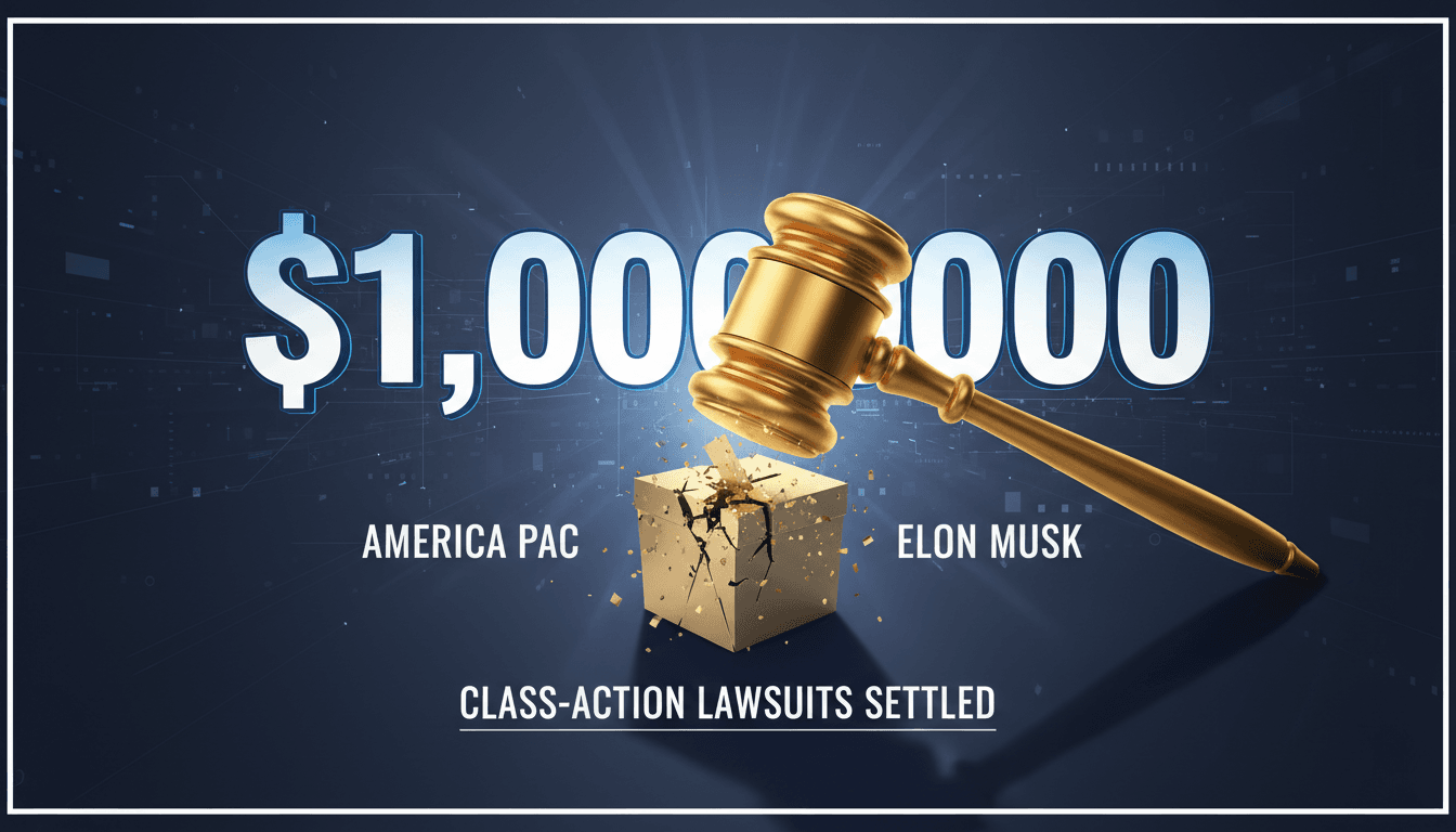 A graphic depicting Elon Musk with a gavel, representing the settlement of the voter giveaway lawsuits.