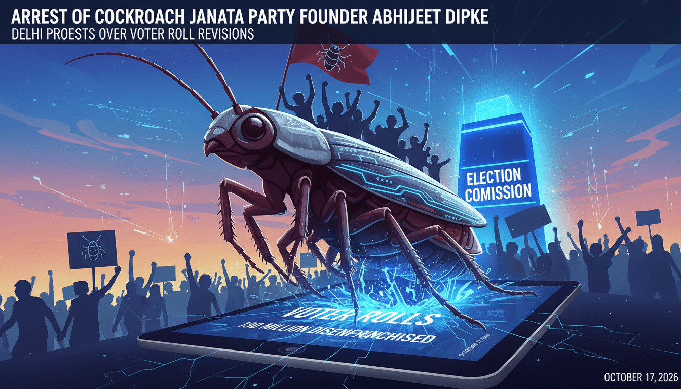 A vibrant protest scene in India showcasing youth activism and the Cockroach Janata Party's influence.