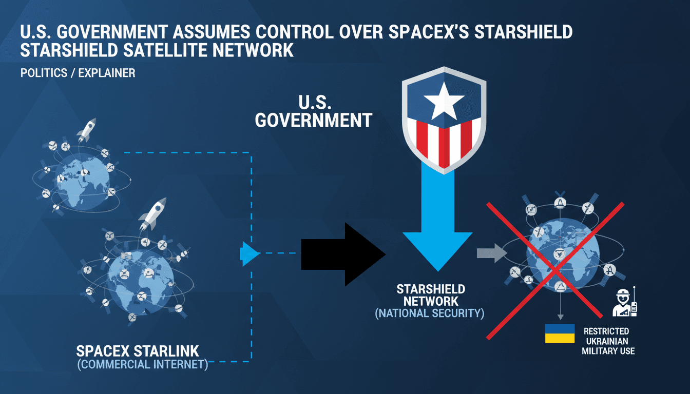 Diagram showing Starshield's operational flow and U.S. government control over SpaceX's satellite network.