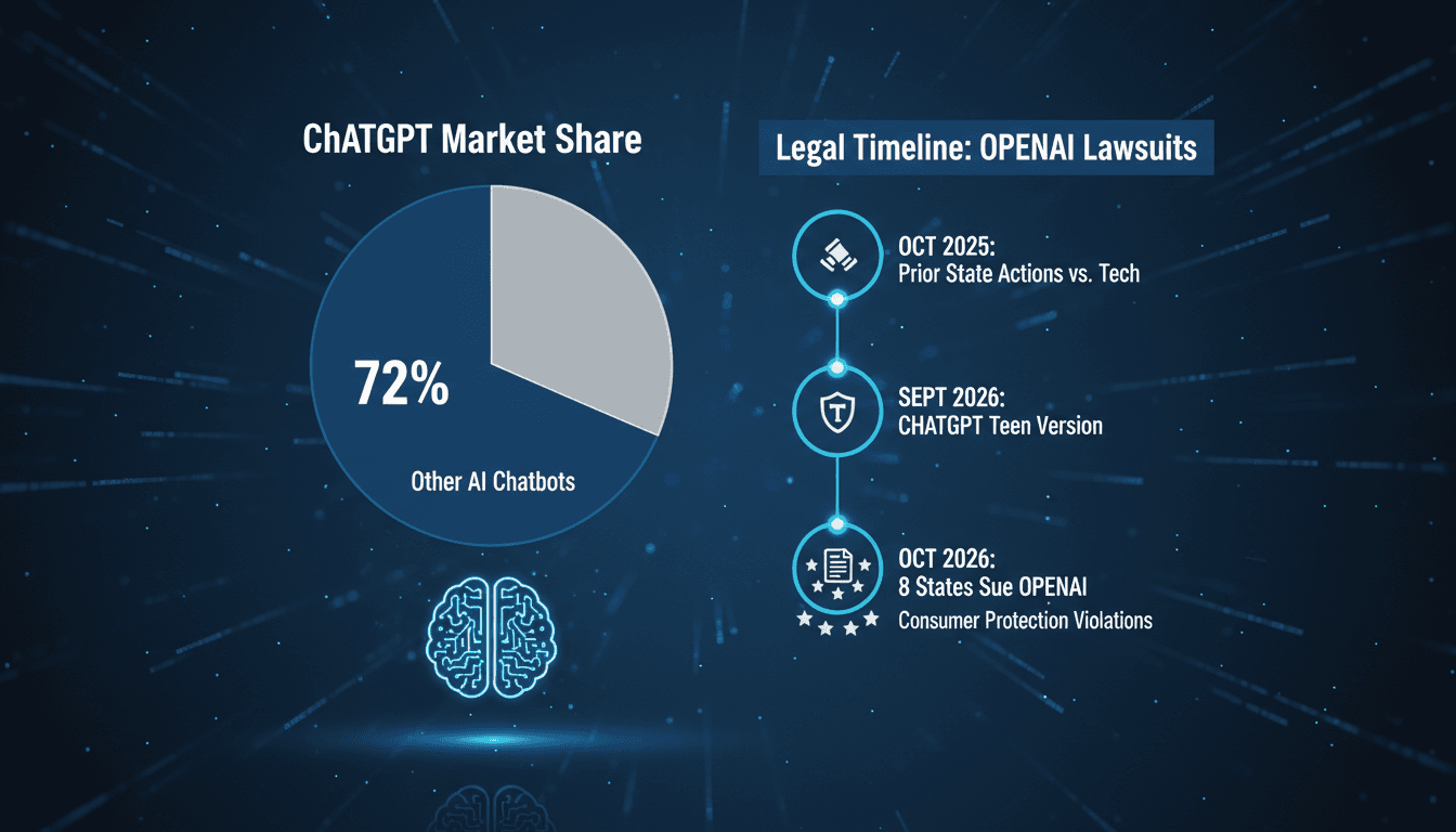 Infographic showing ChatGPT's market share and timeline of lawsuits against OpenAI.