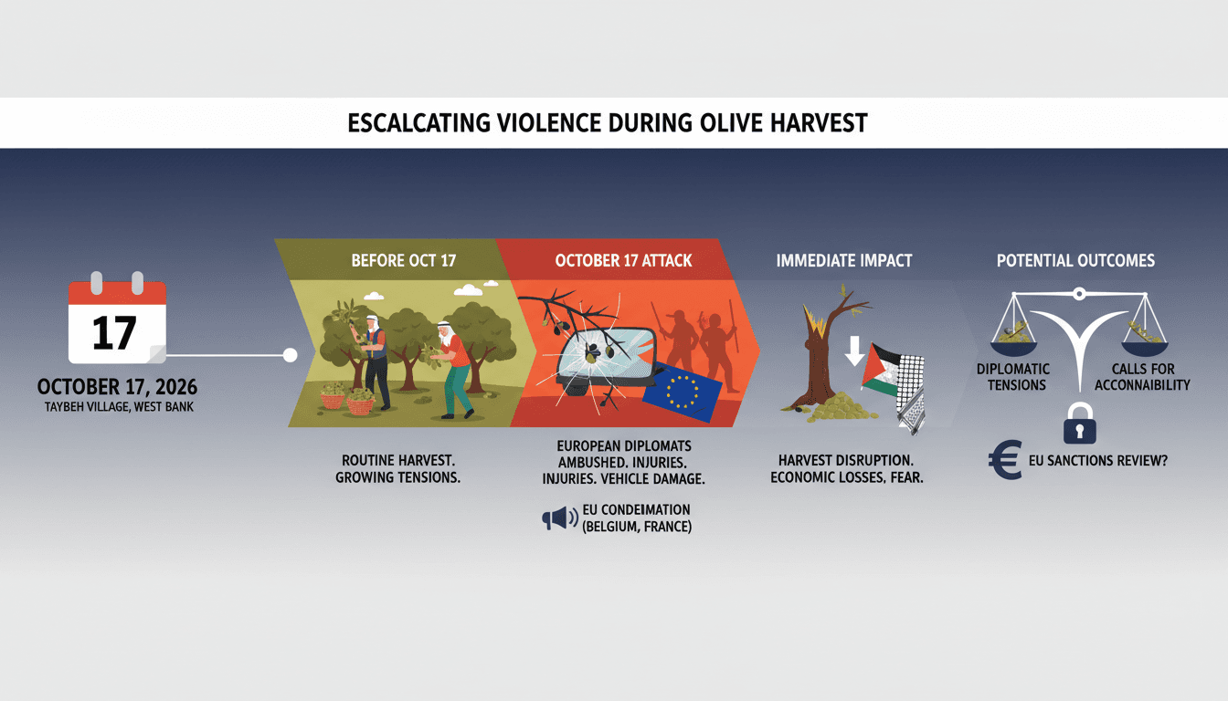 A visual representation of the attack on European diplomats by masked Israeli settlers in Taybeh, West Bank.
