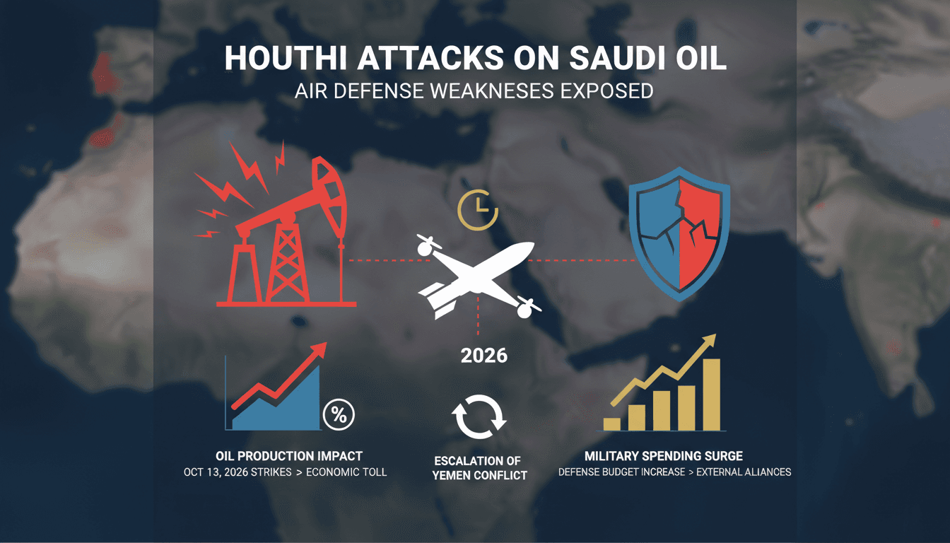 Infographic illustrating the impact of Houthi drone and missile strikes on Saudi oil infrastructure and military spending.