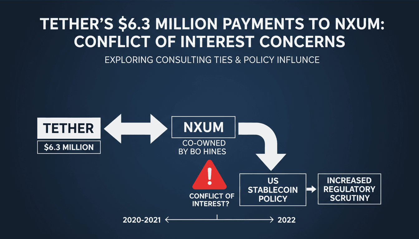 Infographic showing Tether's $6.3 million payments to Nxum, highlighting key dates and figures.