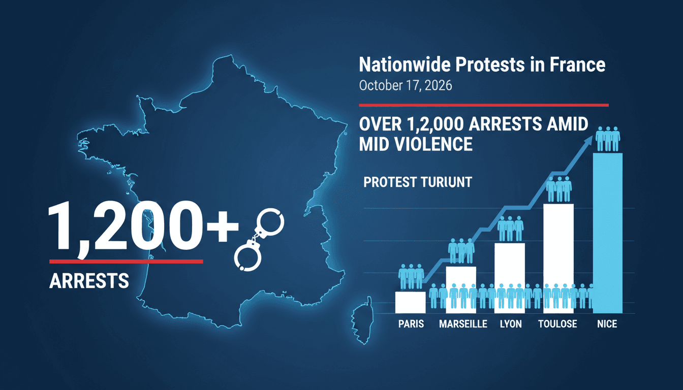 A visual representation of the protests in France, highlighting the number of arrests and key cities involved.