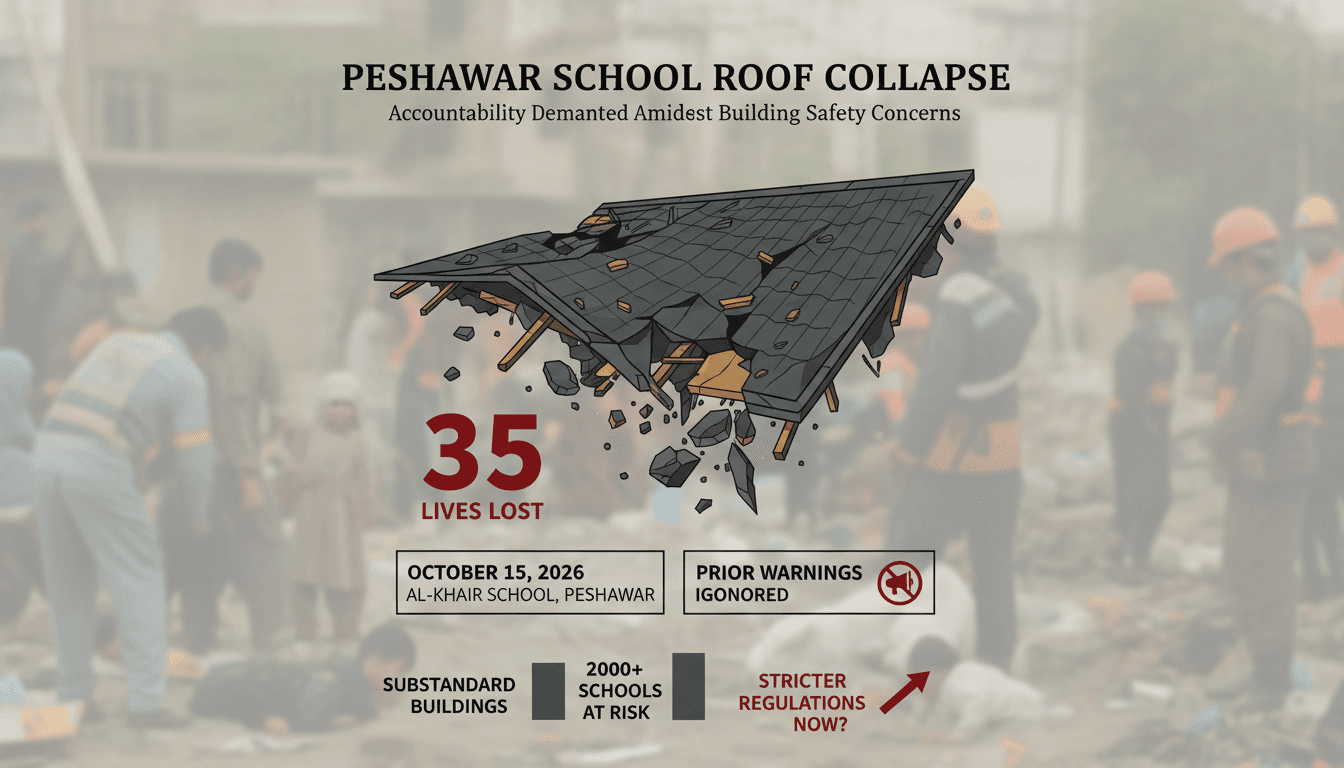 A visual representation of the Peshawar school roof collapse incident, highlighting fatalities and safety concerns.