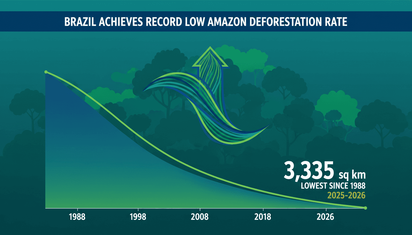 Infographic showing the decline in Amazon deforestation rates since 1988, highlighting the record low achieved recently.