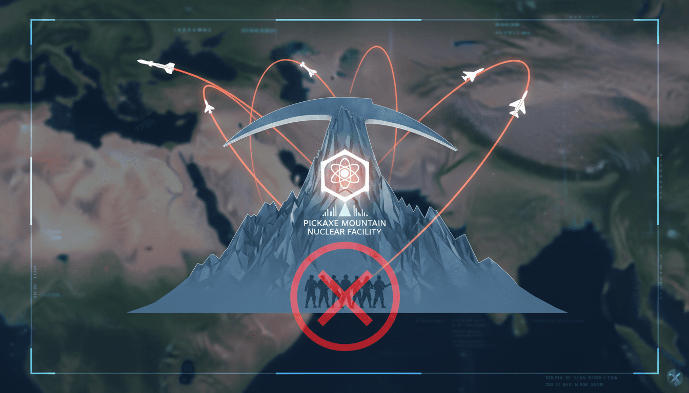 Aerial view of Pickaxe Mountain with military strike options highlighted, reflecting US-Iran tensions.