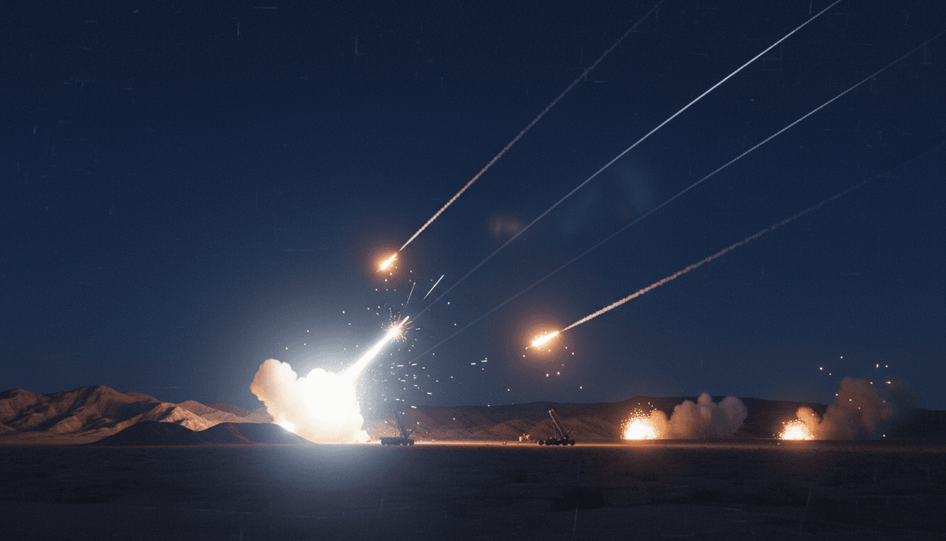 Footage still showing Saudi-led coalition intercepting Houthi missiles and drones during military operations.