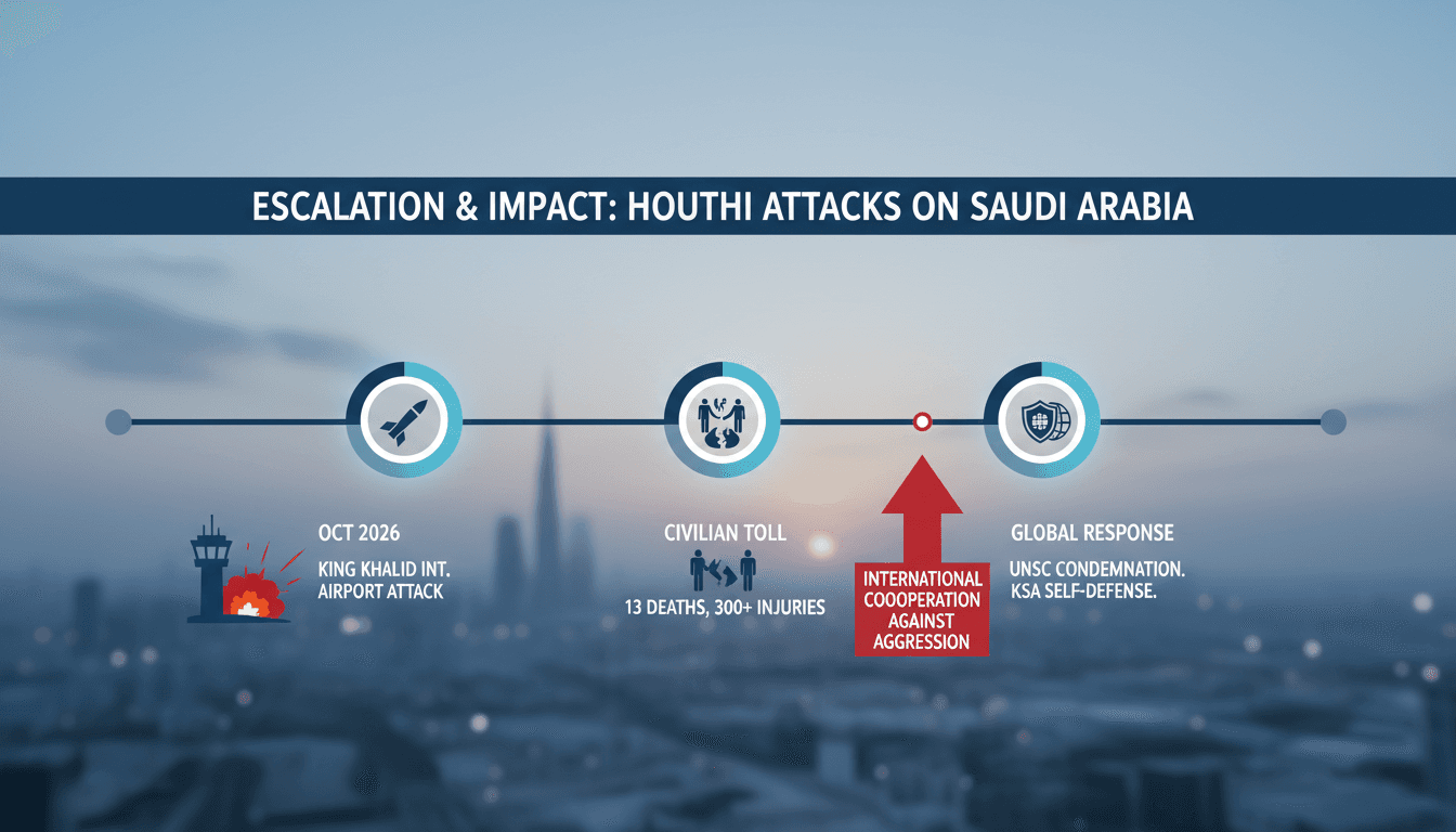 A graphic illustrating the impact of Houthi militia attacks on Saudi Arabia's civilian infrastructure and international trade routes.