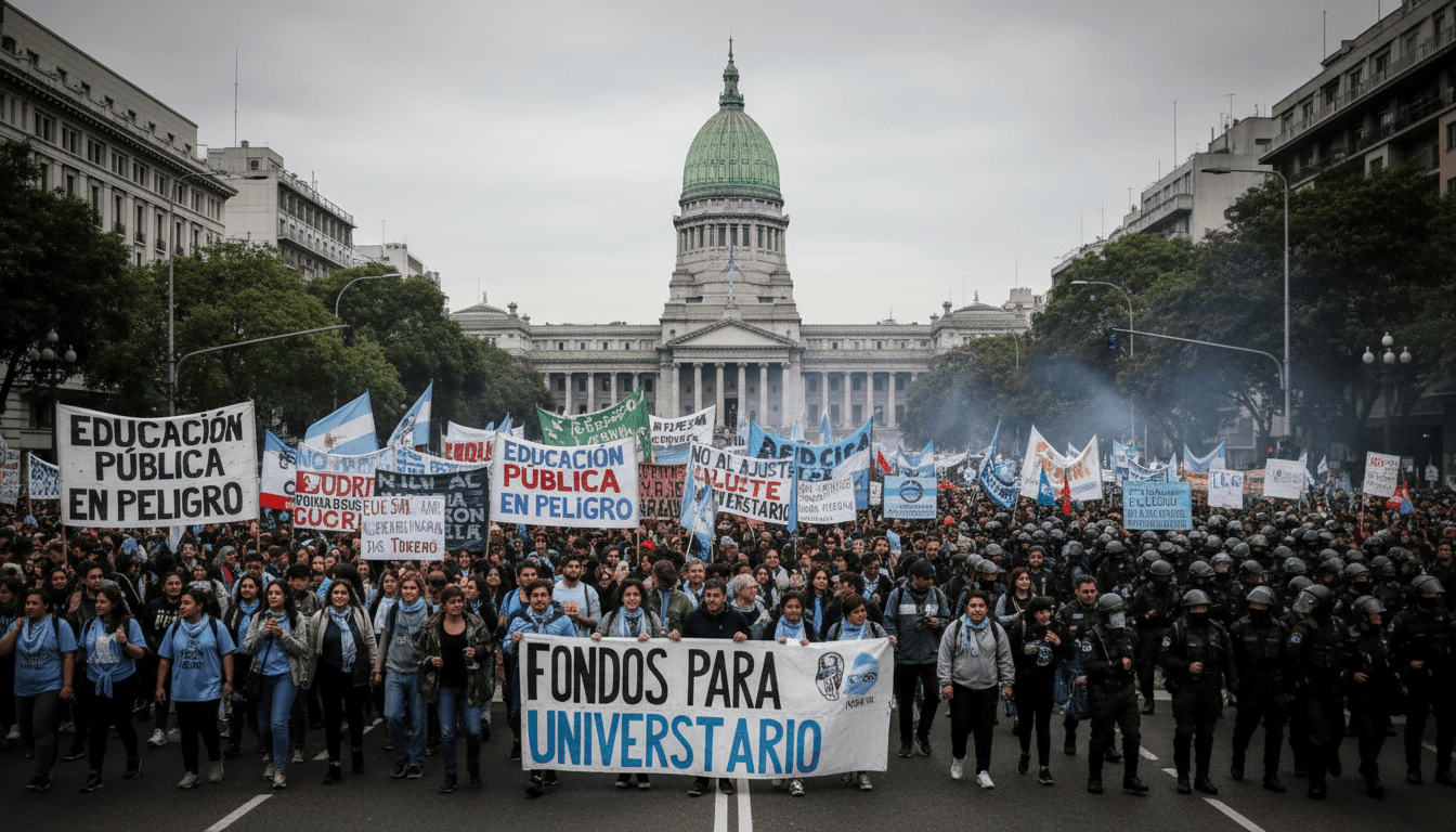 Protesters in Buenos Aires demanding education funding, highlighting the impact of austerity measures on universities.