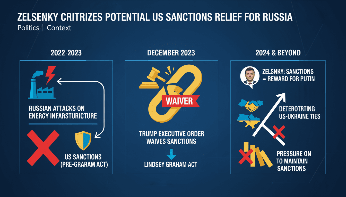Infographic depicting Zelensky's warning on potential sanctions lifted by Trump amid ongoing attacks on Ukraine's energy infrastructure.