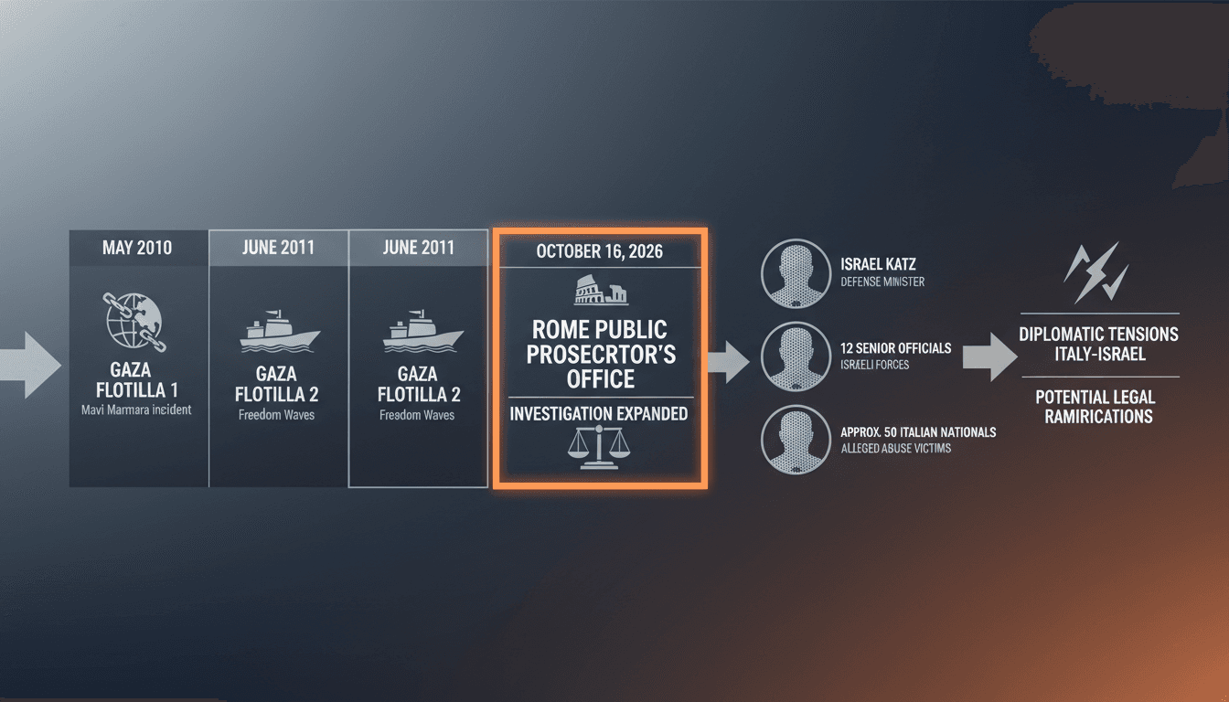 Infographic detailing the Italy investigation into Israeli officials over Gaza flotilla abuse allegations.