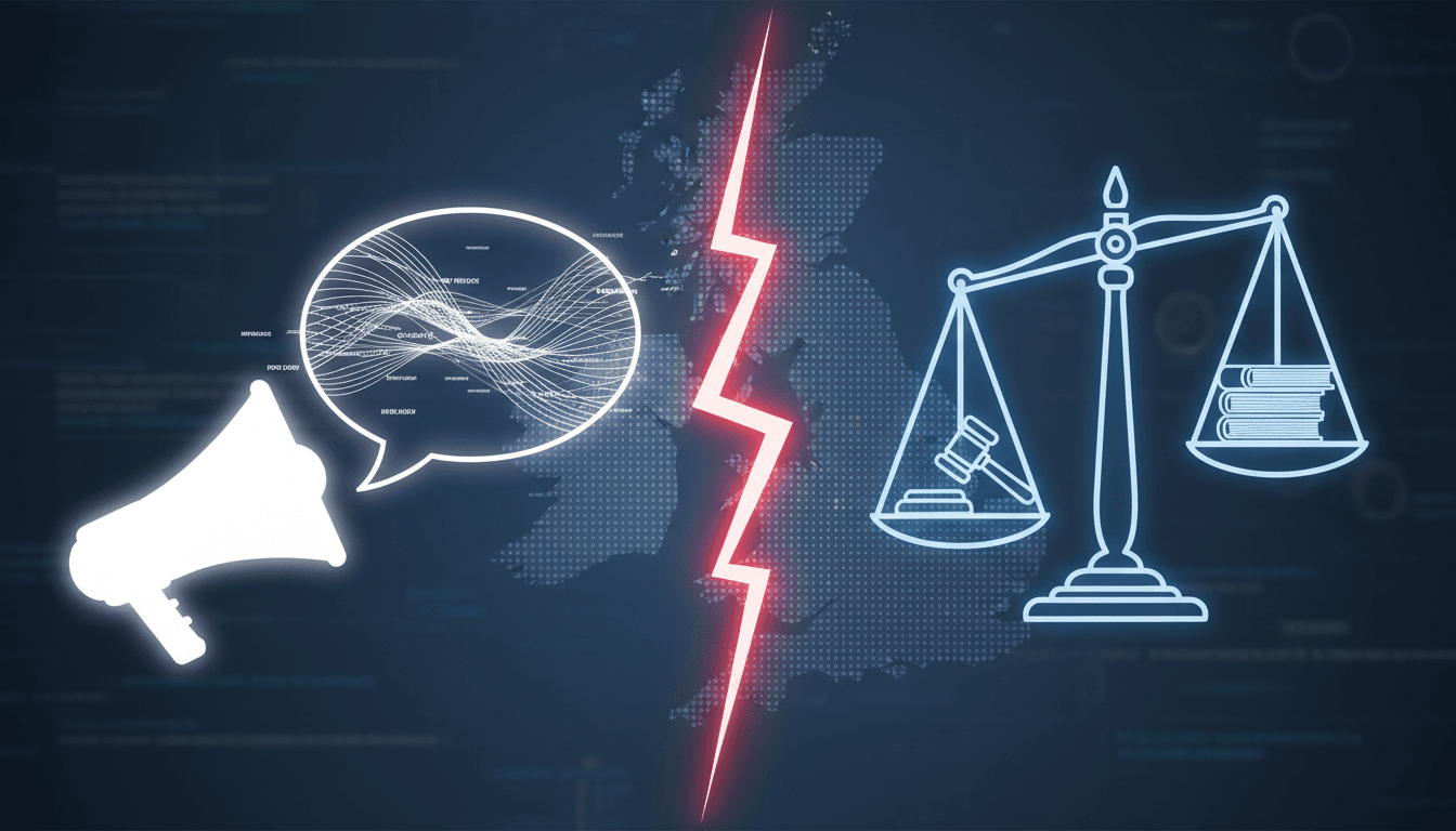 A graphic depicting the tension between free expression and legal constraints in the UK, featuring Sarah Helm's case.