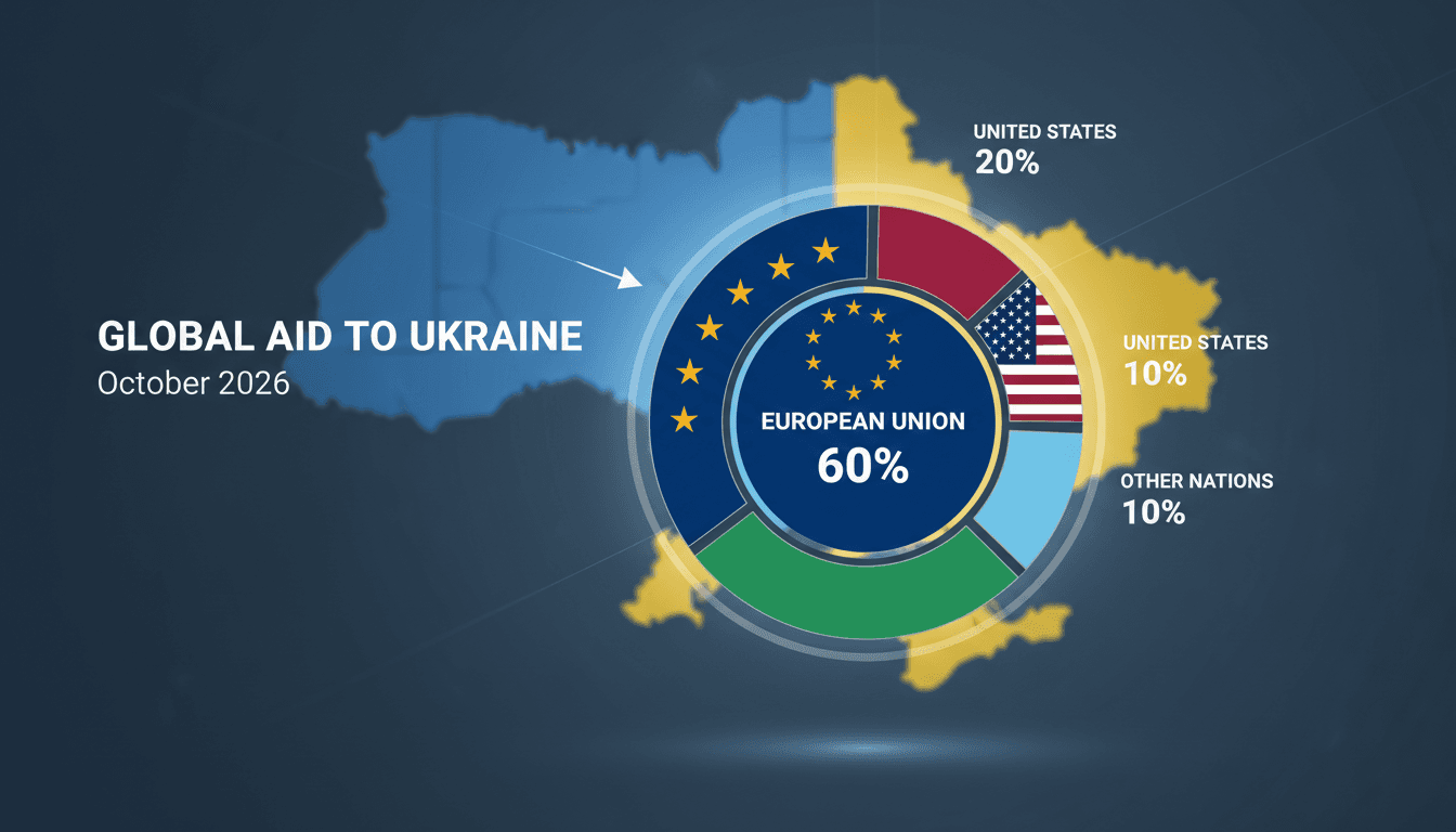Infographic showing EU's 80% share of aid to Ukraine amid US relations strain.