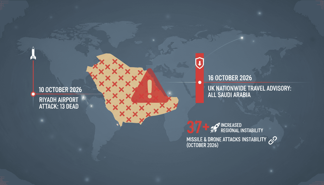 Infographic detailing the UK travel advisory expansion and Houthi missile threats in Saudi Arabia.