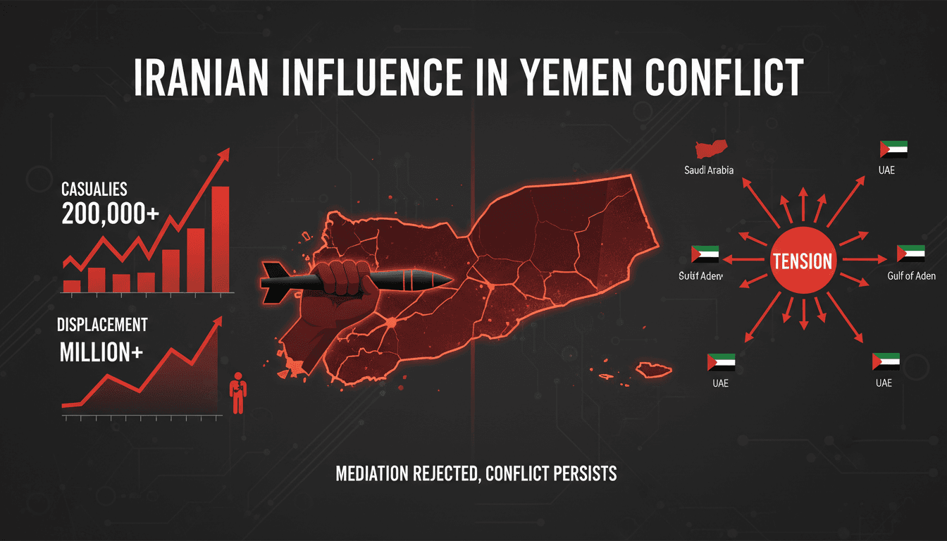 Infographic illustrating the impact of Iranian involvement in Yemen's conflict, highlighting casualty figures and regional tensions.
