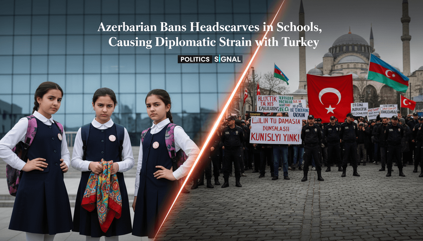 Azerbaijani schoolgirls in uniform protesting against the headscarf ban, highlighting cultural tensions over secularism.