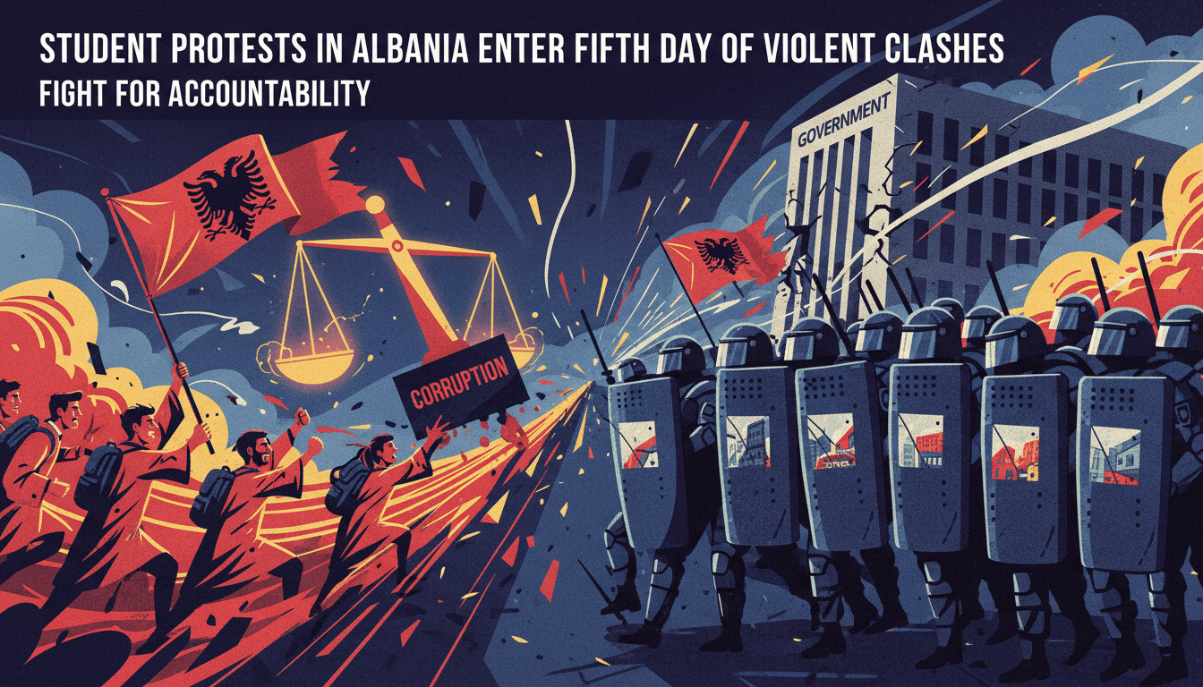 A dramatic scene of student protests in Tirana, showcasing the clash with police amid demands for accountability.