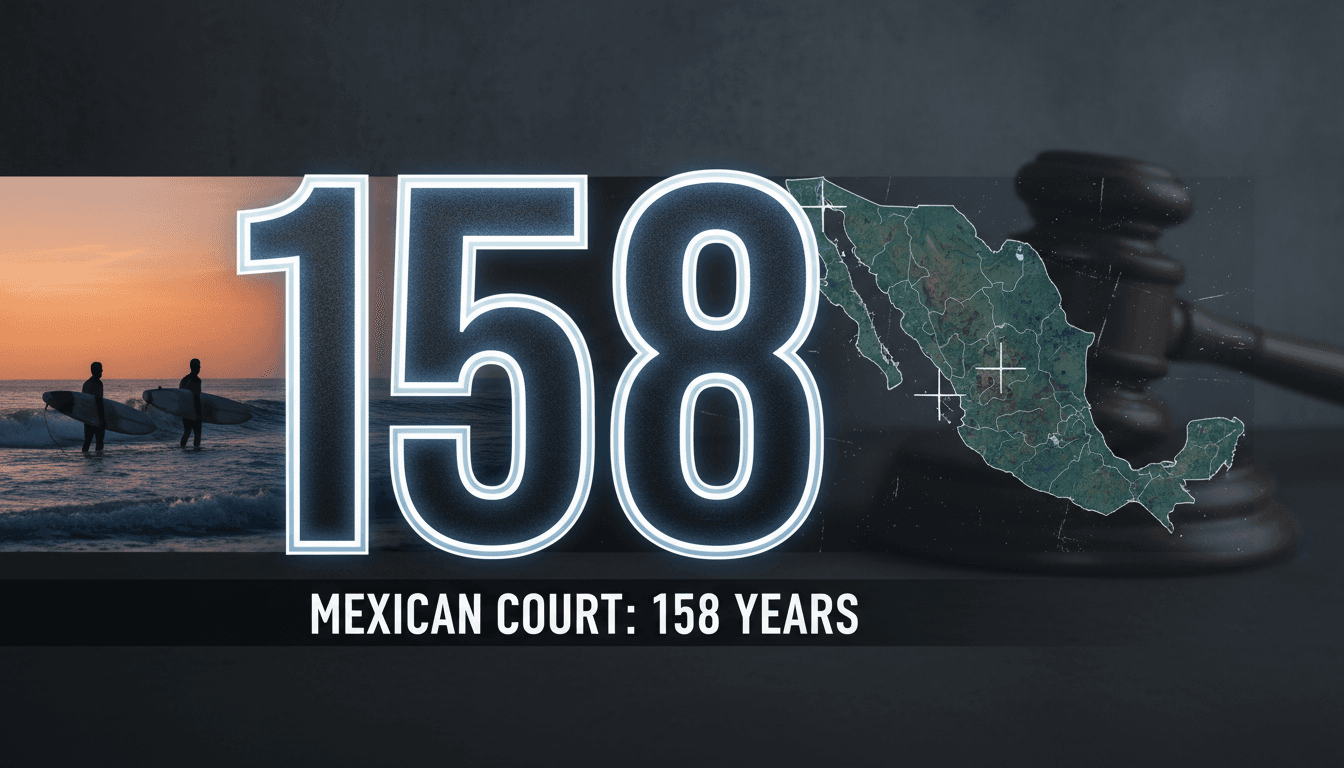 A graphic showing the number 158 with surfer imagery and a map of Baja California.