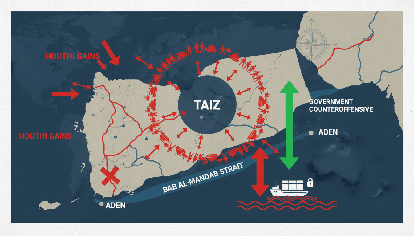 Map showing the encirclement of Taiz by Houthi forces and the strategic Bab al-Mandab Strait.