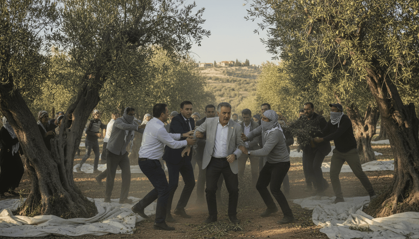 Image showing the olive harvest in Taybeh with a focus on the diplomatic delegation and surrounding tension.