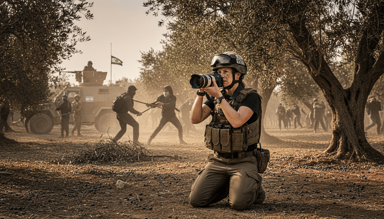 A journalist in protective gear documenting the olive harvest amidst rising tensions in the West Bank.